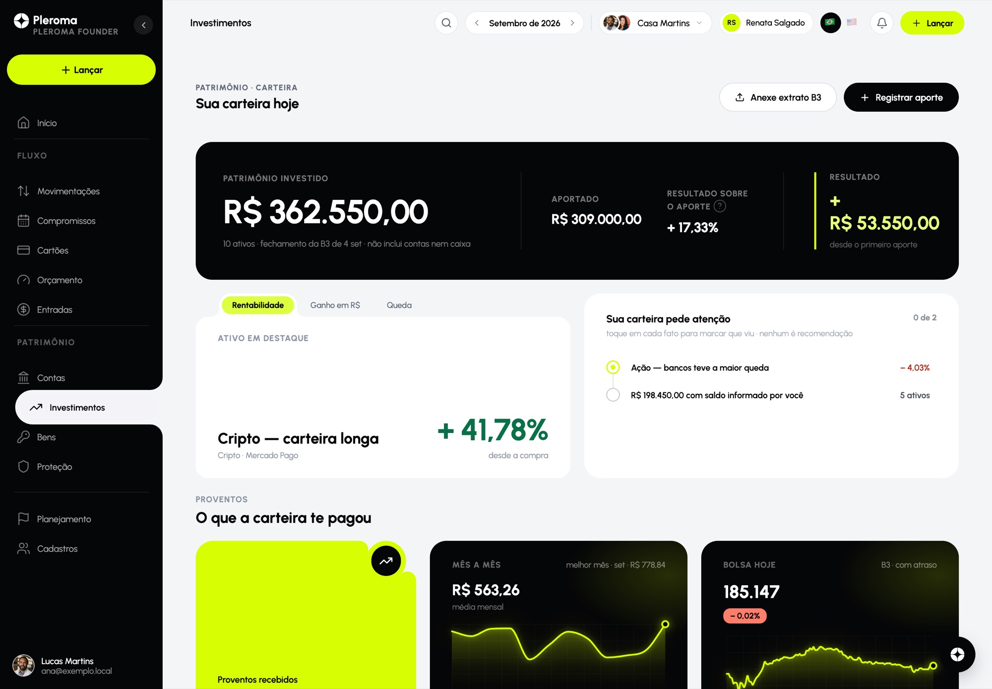 A carteira de investimentos, com evolução e proventos